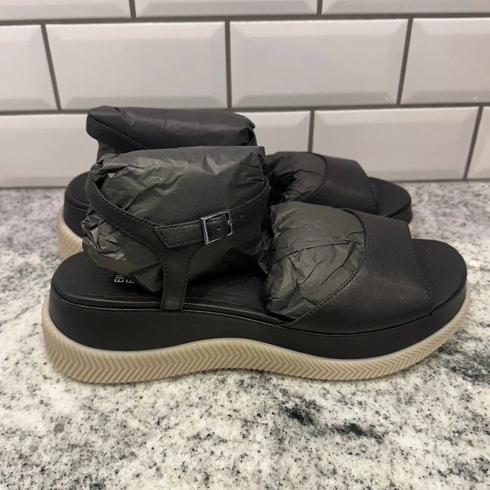 Eileen Fisher Women 10 Ario-TL Platform Sandals Black Tumbled Leather Minimalist